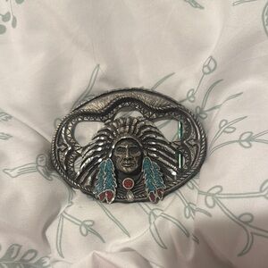 Vintage silver EJC Belt Buckle with Native American Design.